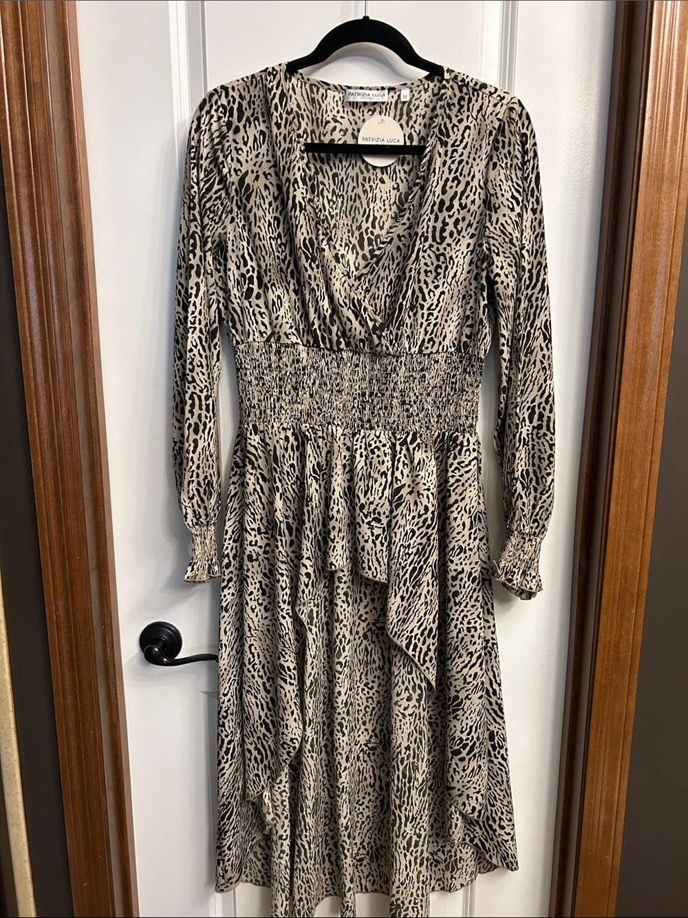 Patrizia Luca Beige and Black Animal-Print Long Sleeve Midi Dress